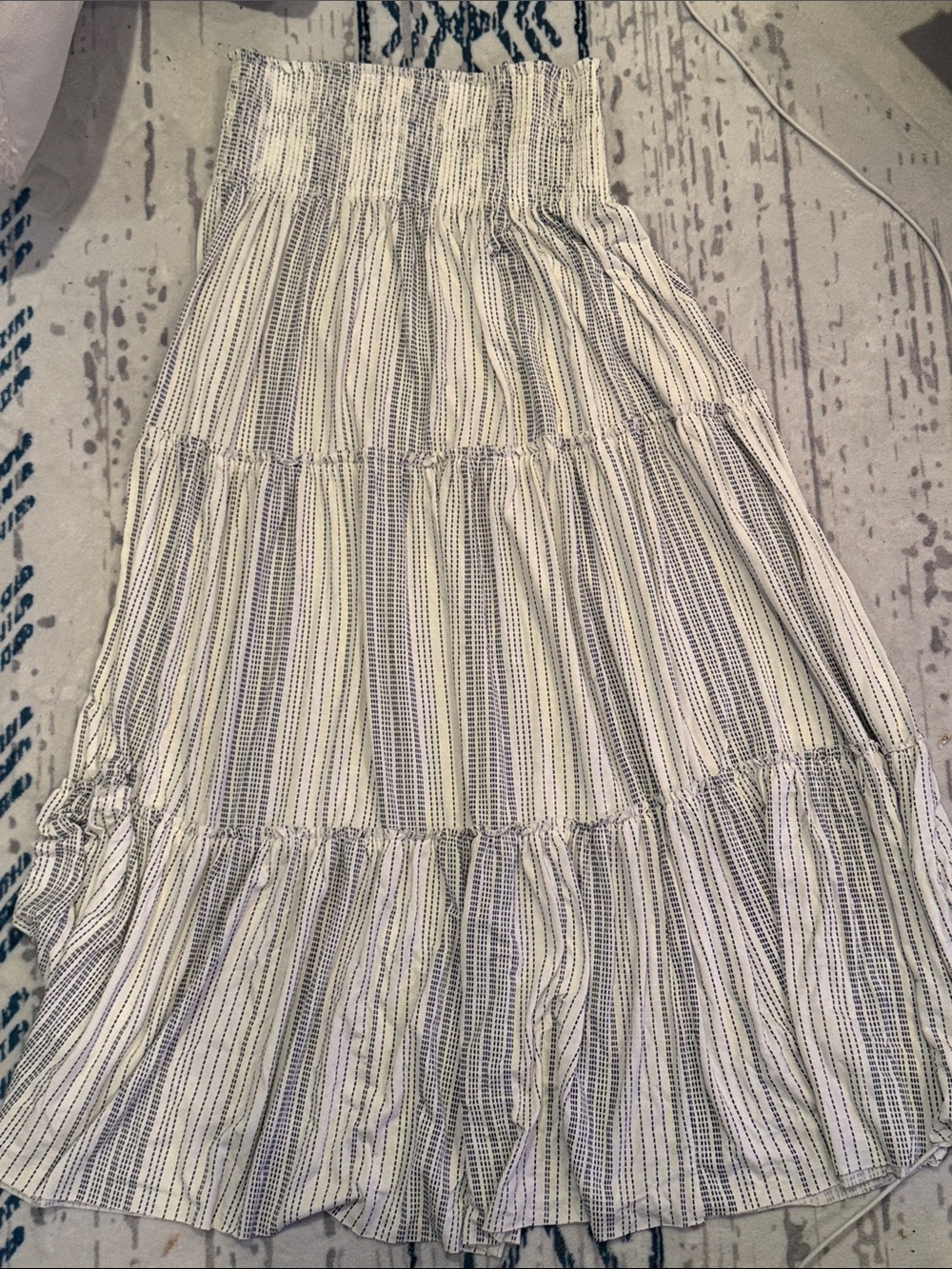 Tiered Smocked Waist Maxi Skirt in Cream and Navy Stripe